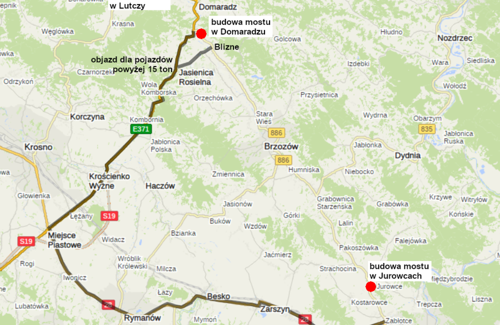 Mapka z objazdami / źródło: PZDW