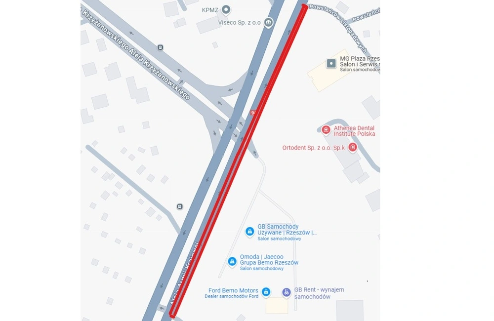 Mapa z utrunieniami na al. Armii Krajowej / źródło: MZD w Rzeszowie