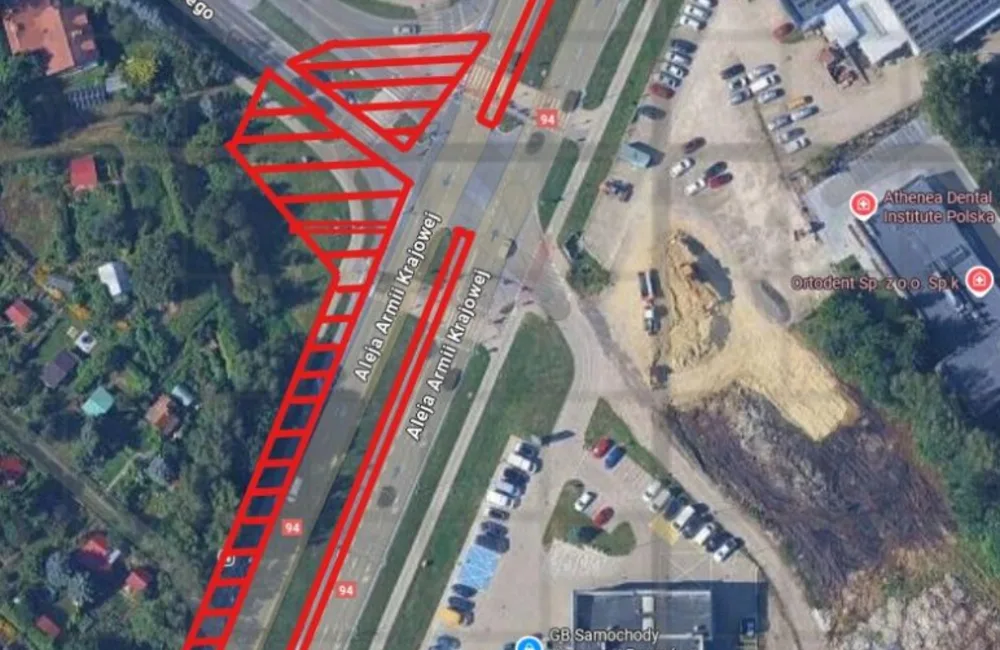 Mapka przedstawiająca zmianę tymczasowej organizacji ruchu na ul. Krzyżanowskiego i al. Armii Krajowej / źródło: MZD w Rzeszowie