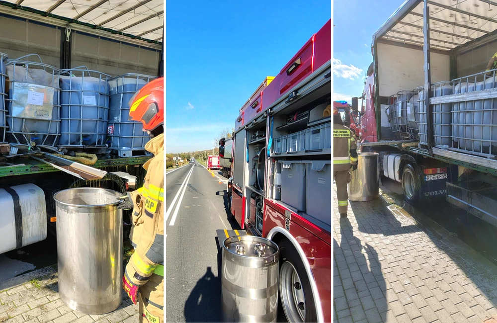 Kolizja na DK73 w Kołaczycach. Na jezdnię wyciekła substancja chemiczna