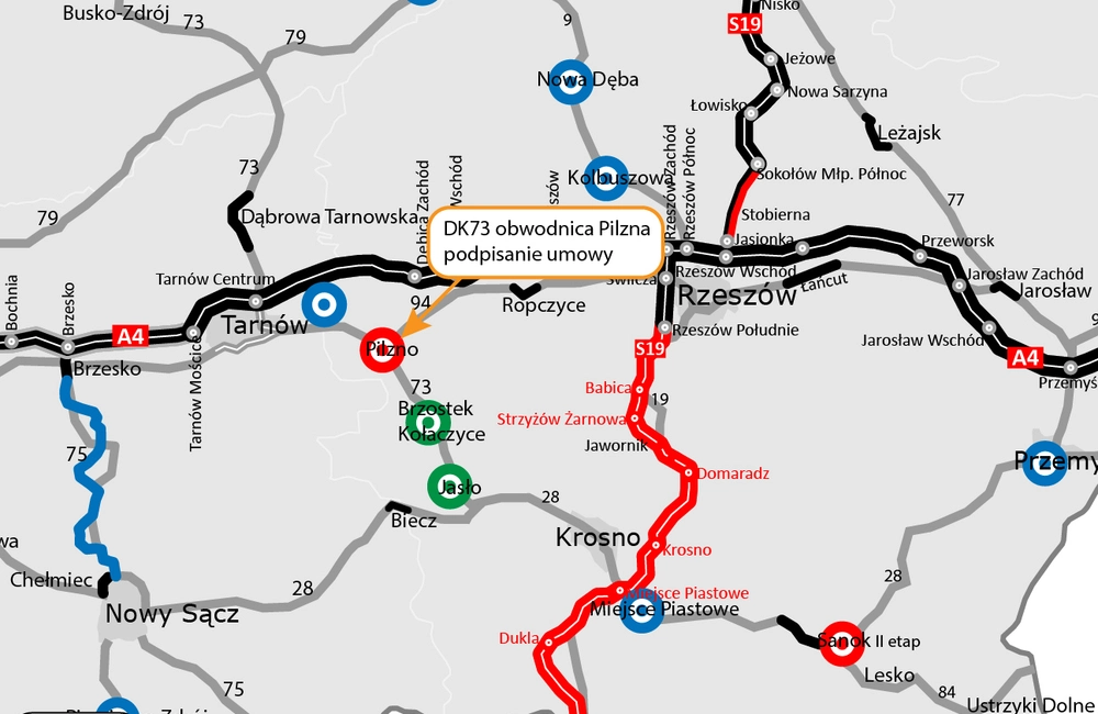 Mapa z zaznaczoną obwodnicą Pilzna / źródło: GDDKiA