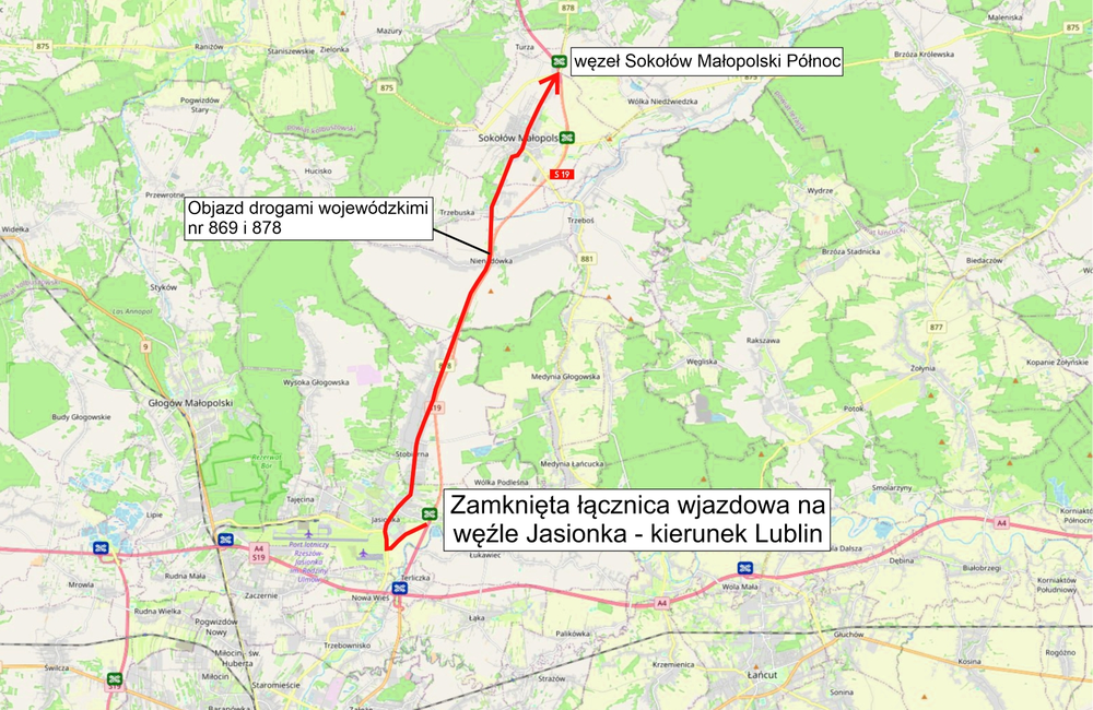 Zmiana organizacji ruchu na węźle Jasionka na S19 - Mapka poglądowa / źródło GDDKiA