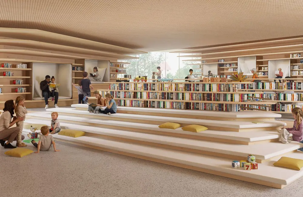 Wizualizacja obiektu "Biblioteka Nowa" -  Strefa wejściowa części bibliotecznej / Materiały prasowe