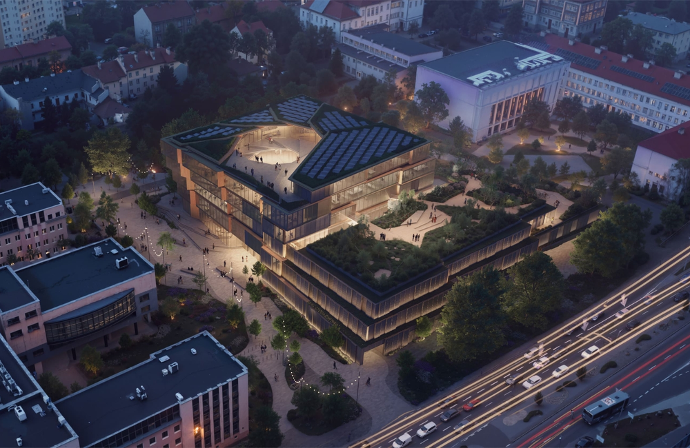 Wizualizacja obiektu "Biblioteka Nowa" -  WIDOK Z LOTU PTAKA / Materiały prasowe