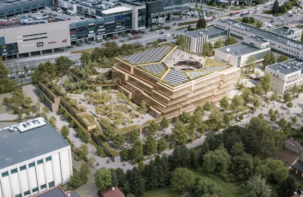 Wizualizacja obiektu "Biblioteka Nowa" -  WIDOK Z LOTU PTAKA / Materiały prasowe