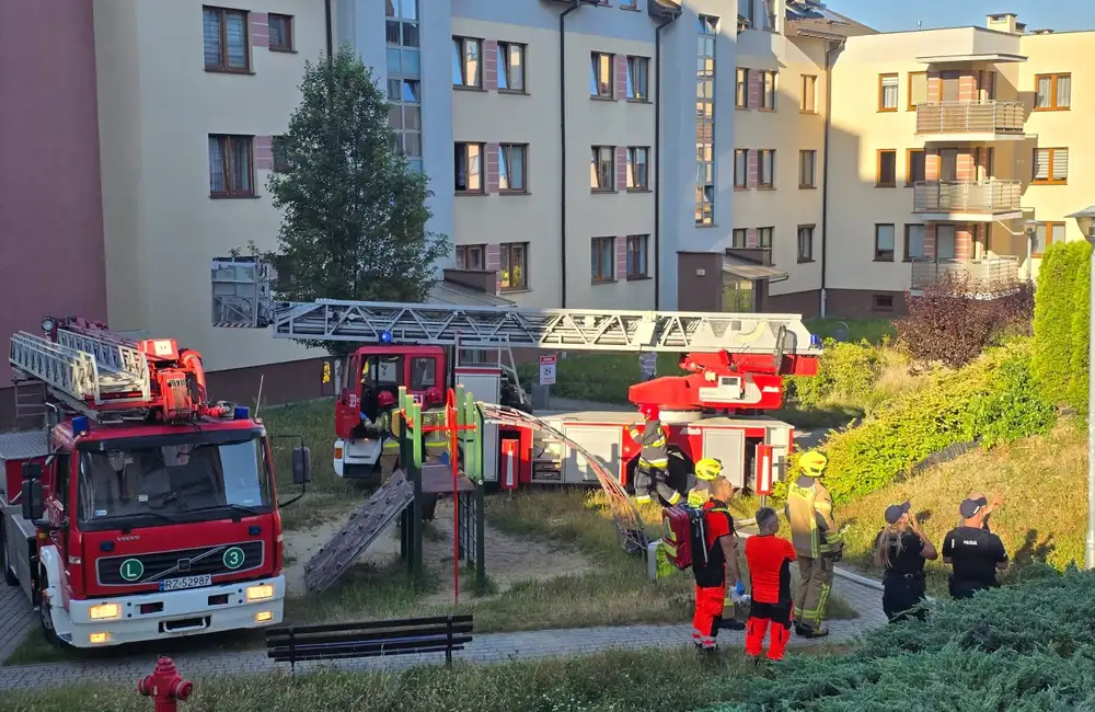 Pożar mieszkania w bloku na ul. Twardowskiego w Rzeszowie (3.07.2026) / fot. KM PSP w Rzeszowie