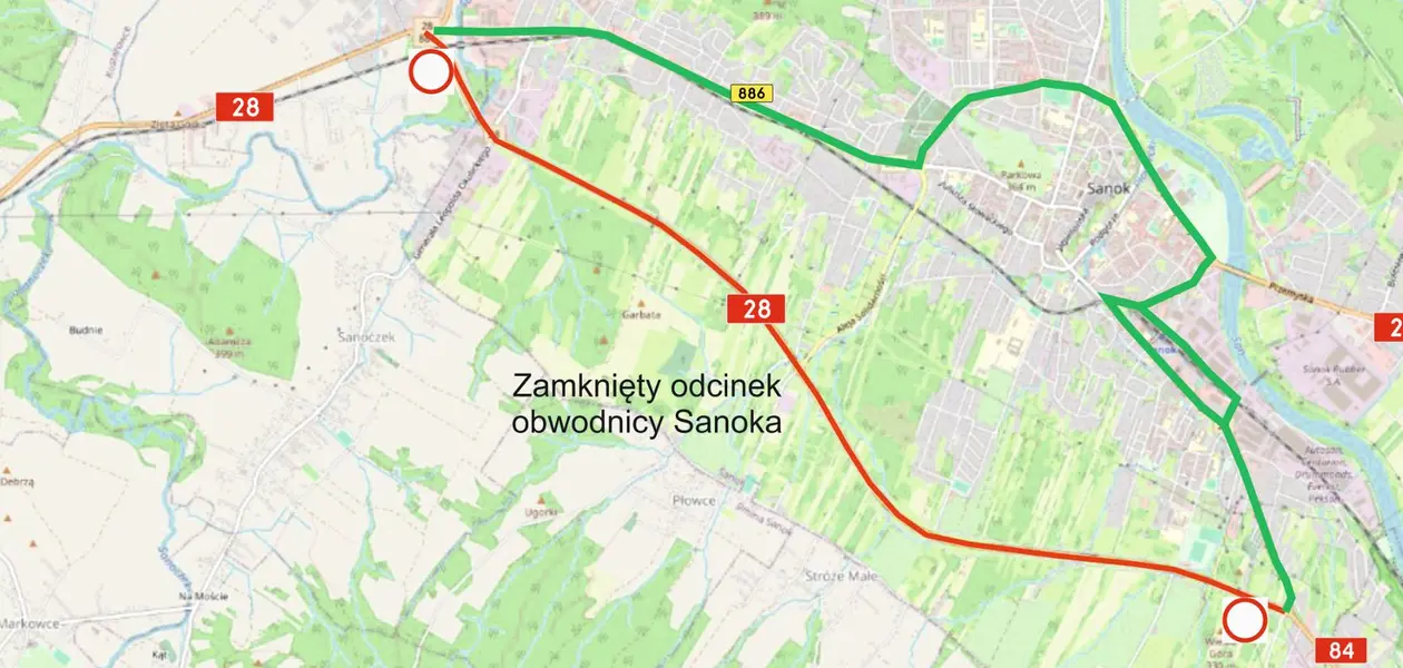 Na zdj. Mapa z zaznaczonym na czerwono zamkniętym odcinkiem obwodnicy Sanoka i na zielono wprowadzonym objazdem /  źródło GDDKiA
