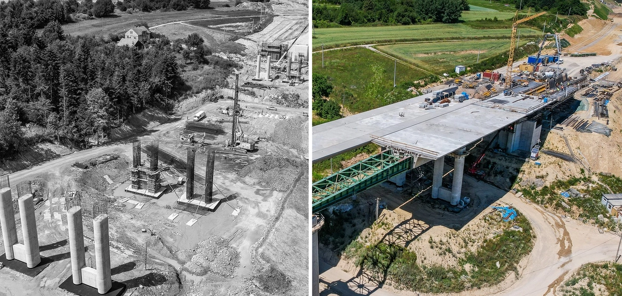 Na zdjęcie po lewej fragment estakady ES-19 z lipca 2024 roku, na zdjęciu po prawej ten sam obiekt rok później / fot. GDDKiA