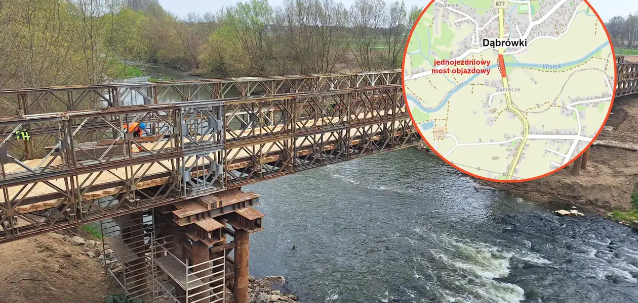 Budowa tymczasowego mostu w Dąbrówkach / fot. Strabag