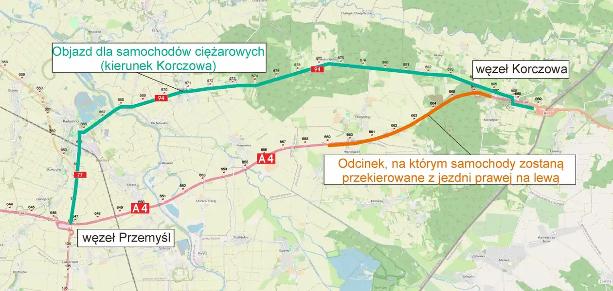 Zmiana w organizacji ruchu na A4 (Etap 1: km 659+100 – km 667+500) / mapa: GDDKiA
