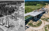 FILM. Tak było, tak jest. Zobacz postępy prac przy budowie estakady ES-19 na S19 Babica - Jawornik Na zdjęcie po lewej fragment estakady ES-19 z lipca 2024 roku, na zdjęciu po prawej ten sam obiekt rok później / fot. GDDKiA 
