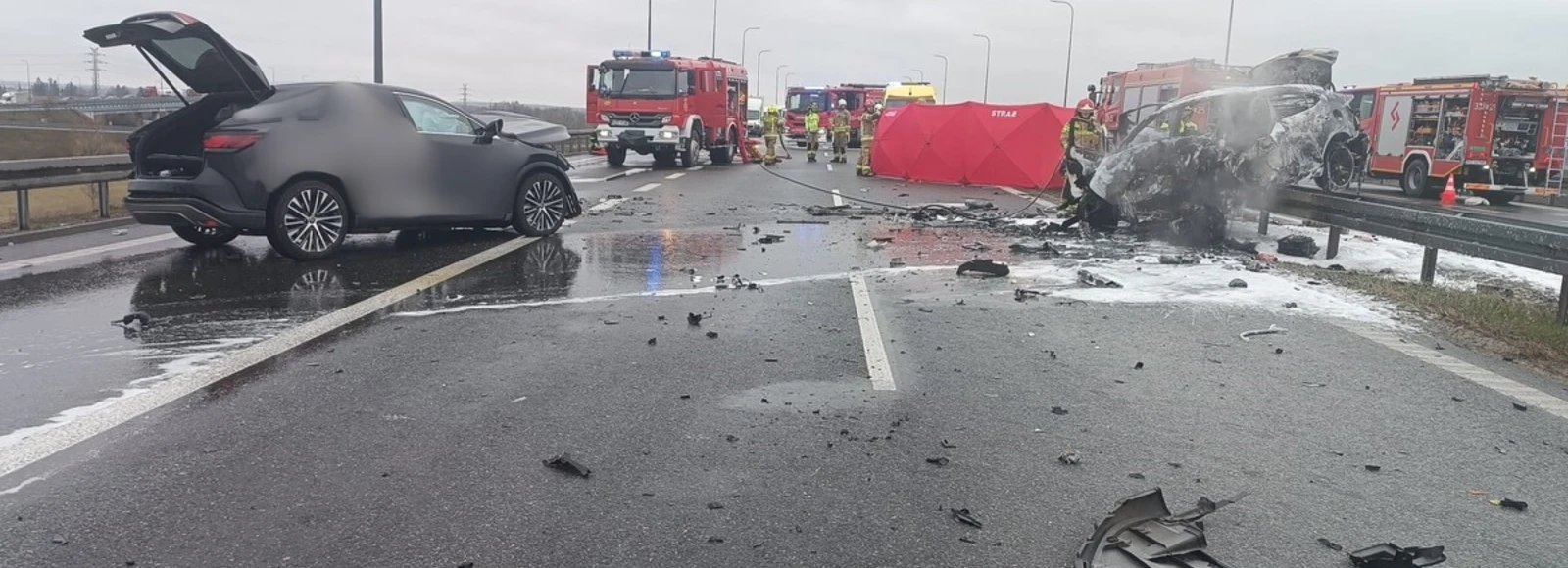 Tragiczny wypadek na S19 w Trzebownisku. Auto stanęło w ogniu, jedna osoba nie żyje Wypadek w Trzebownisku / fot. KMP w Rzeszowie 