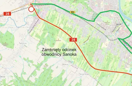 Od 26 maja zamknięty odcinek obwodnicy Sanoka Na zdj. Mapa z zaznaczonym na czerwono zamkniętym odcinkiem obwodnicy Sanoka i na zielono wprowadzonym objazdem /  źródło GDDKiA 