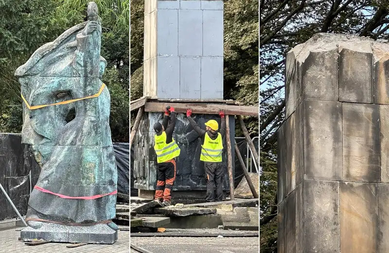 Pomnik Wdzięczności Armii Czerwonej znika z placu Ofiar Getta. Trwa demontaż [ZDJĘCIA]