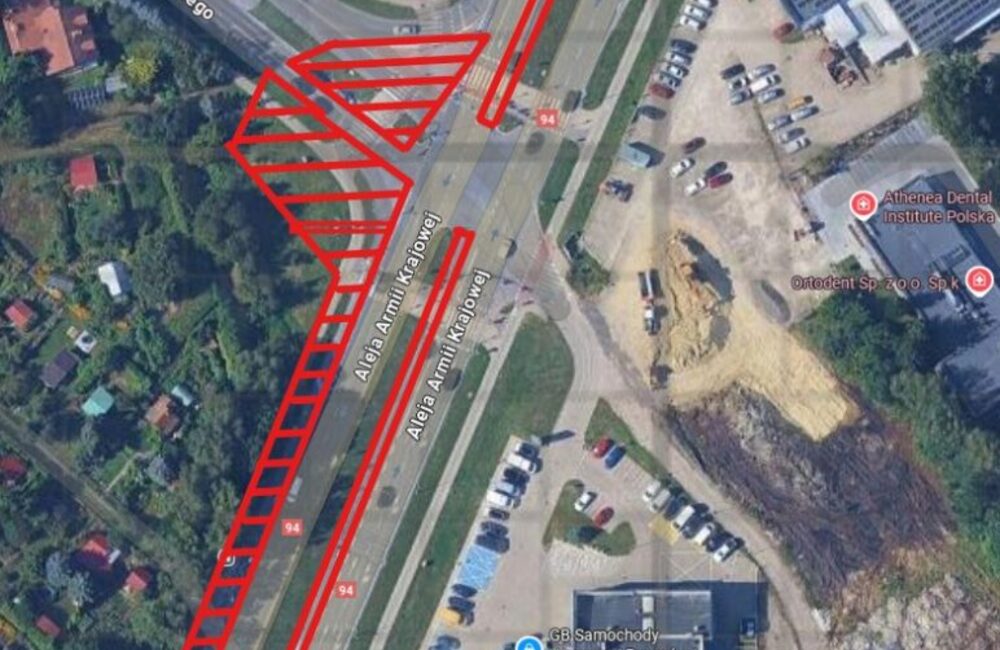 Mapka przedstawiająca zmianę tymczasowej organizacji ruchu na ul. Krzyżanowskiego i al. Armii Krajowej / źródło: MZD w Rzeszowie
