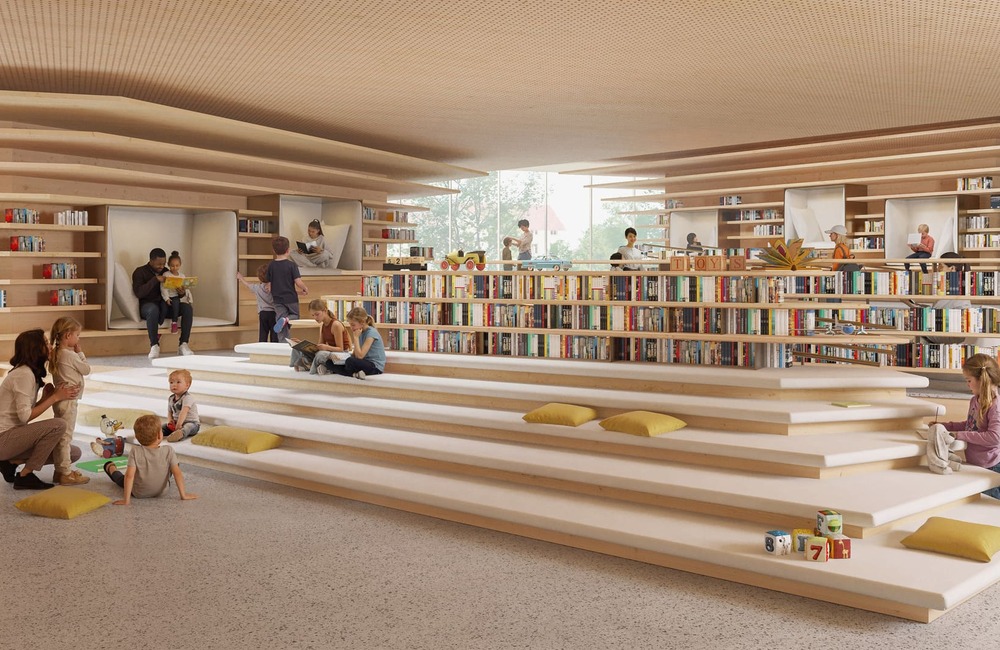 Wizualizacja obiektu "Biblioteka Nowa" -  Strefa wejściowa części bibliotecznej / Materiały prasowe
