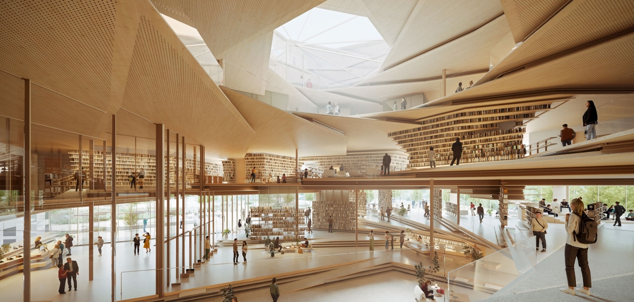 Wizualizacja obiektu "Biblioteka Nowa" -  STREFA WEJŚCIOWA CZĘŚCI BIBLIOTECZNEJ / Materiały prasowe
