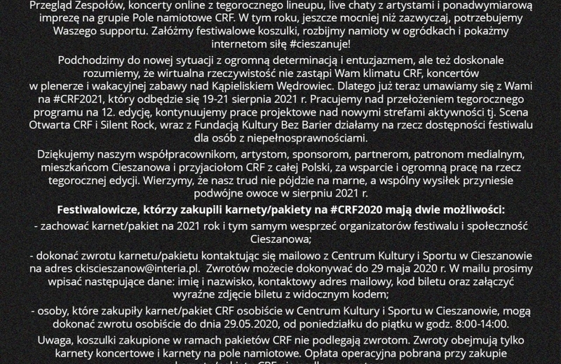 Cieszanów Rock Festiwal 2020 przechodzi do sieci