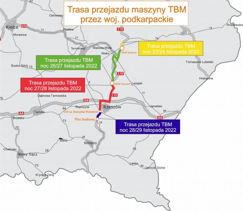 Trasa przejazdu konwoju z elementami maszyny TBM przez województwo podkarpackie / źródło: GDDKiA